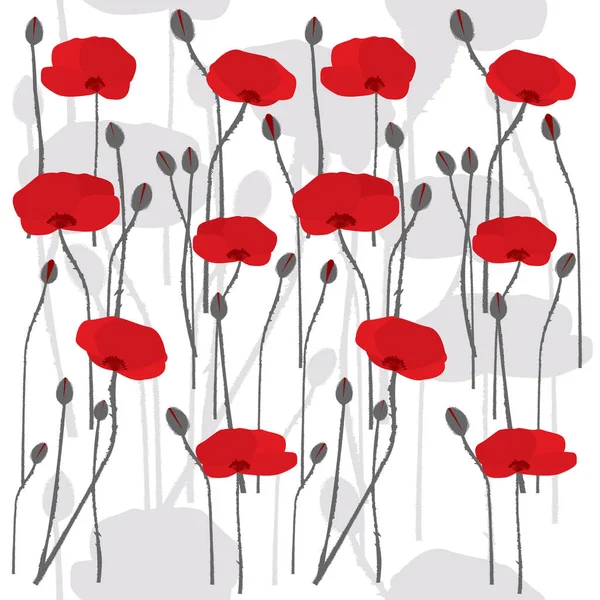 Seamless Pattern Hand Drawn Stylized Poppies White Background — Stock Vector