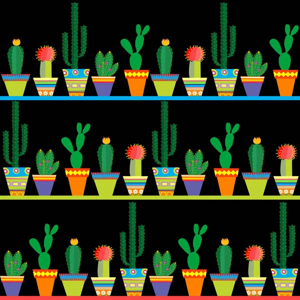 Seamless Pattern Rows Different Cactus Black Background — Stock Vector