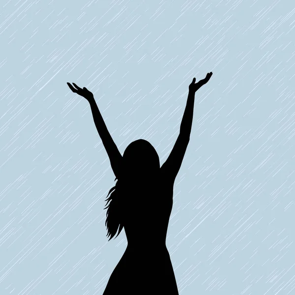 Silueta Una Mujer Hwo Disfrutar Lluvia — Vector de stock