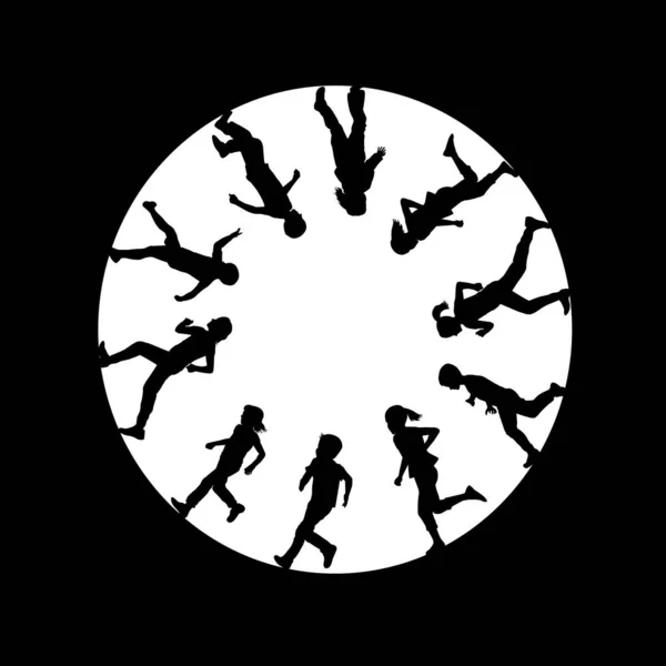 Cadre Circulaire Avec Silhouettes Enfants Courant — Image vectorielle