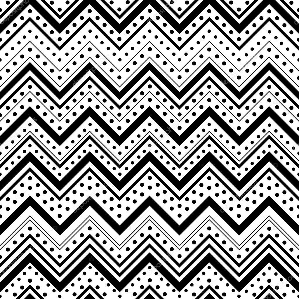 Zig zag seamless pattern with black dots and lines over white ba