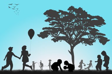 Çocuklar dışarıda oynarken Silhouettes