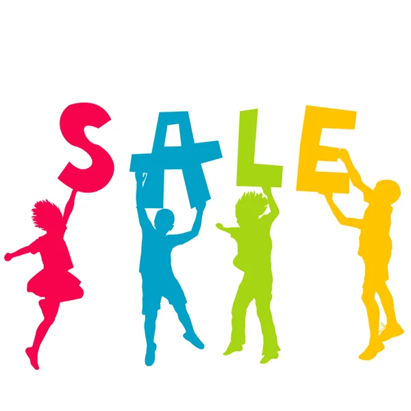 Children silhouettes holding letters with message SALE in the ha — Stock Photo, Image