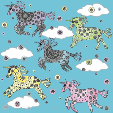 Bulutlarda tek boynuzlu atlar olan şirin bir arkaplan.