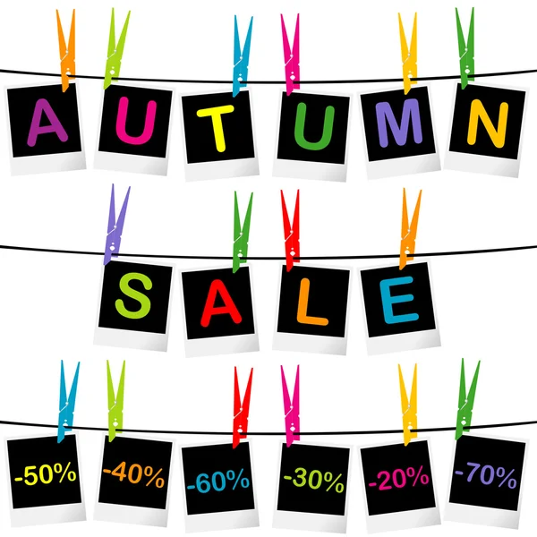 Concepto de venta de otoño con marcos de fotos colgando en pinzas de ropa — Vector de stock