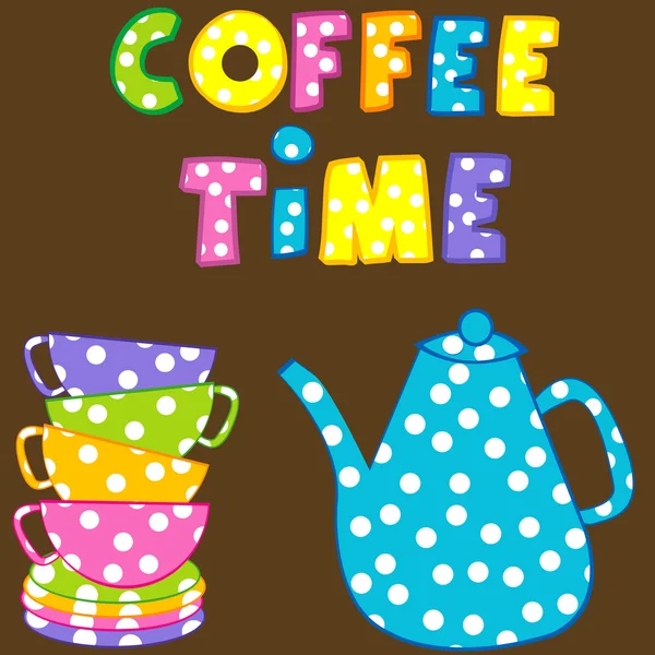 Koffie tijd met gestapelde kleurrijke bekers en koffiepot — Stockvector