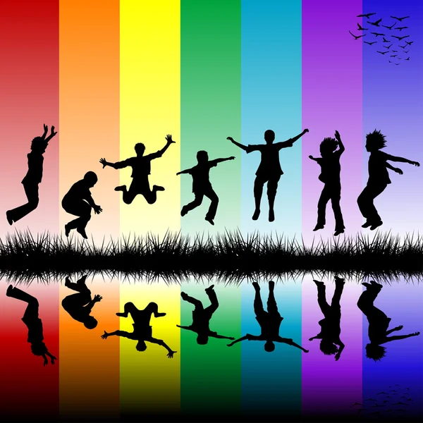 Bambini che saltano sopra un arcobaleno — Vettoriale Stock