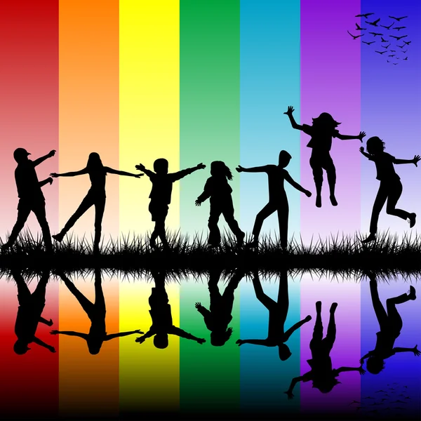 Kinderen silhouetten over regenboog — Stockvector