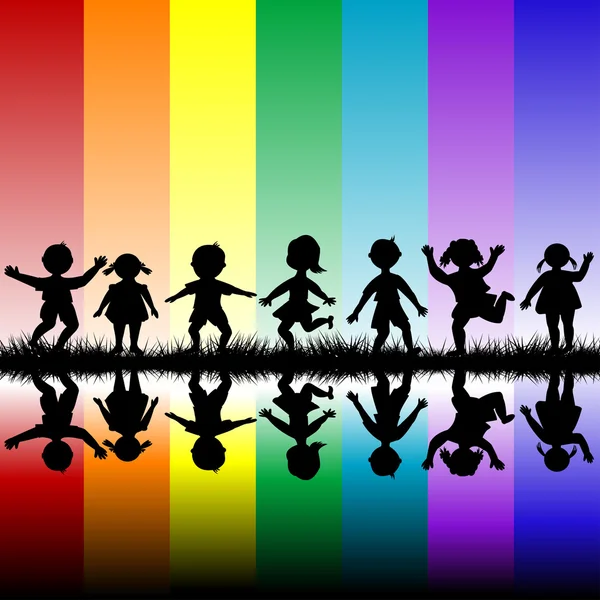 Niños jugando sobre un arco iris — Vector de stock