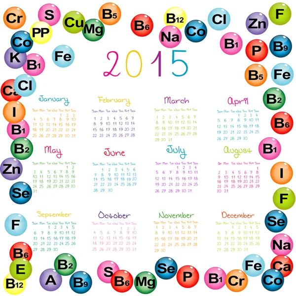 2015 calendar with vitamins and minerals — Stock Vector