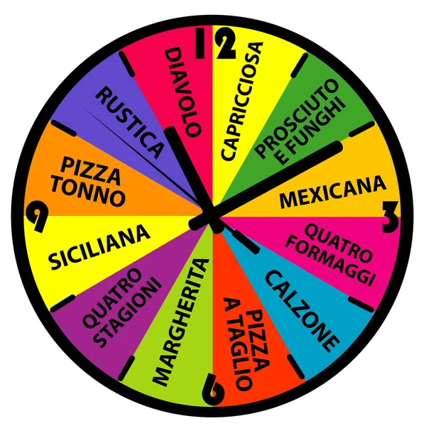 时钟与不同的披萨名称 — 图库矢量图片
