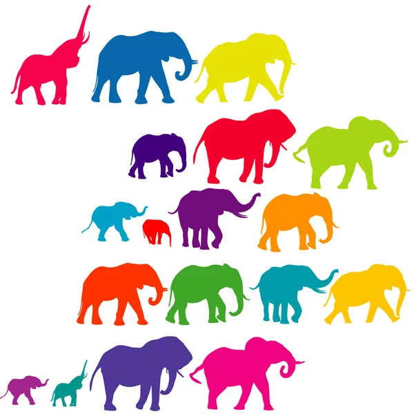 Colored elephants silhouettes — Stock Vector