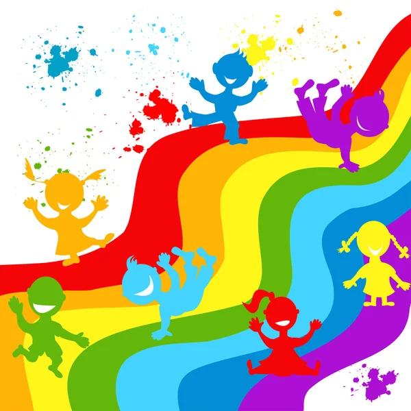 Kinder-Silhouetten in Regenbogenfarben — Stockvektor
