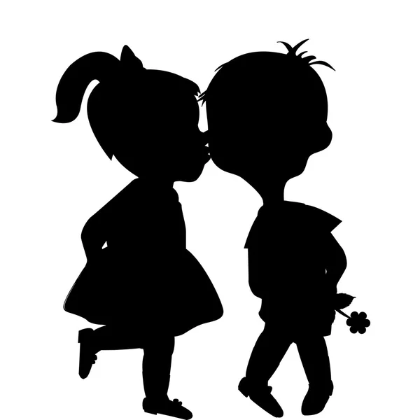 Dibujos animados niño y niña siluetas besos — Vector de stock