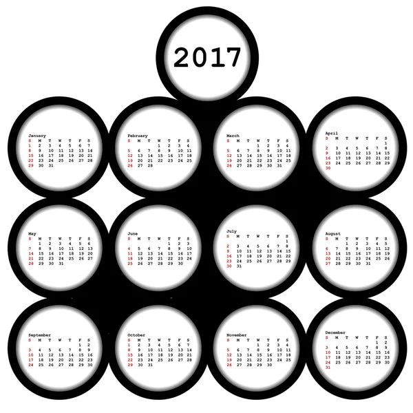 2017 czarne kółko kalendarz — Wektor stockowy