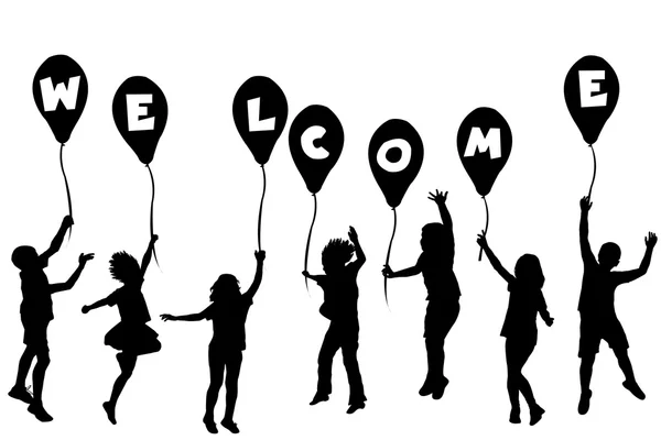 Anak-anak memegang balon dengan WELCOME - Stok Vektor