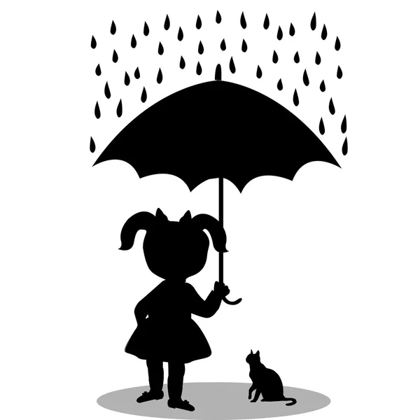 Chica con gato bajo paraguas — Vector de stock