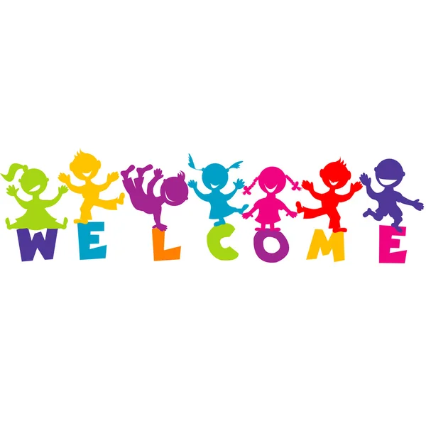 Illustrationen med ordet Välkommen och glad barn — Stock vektor