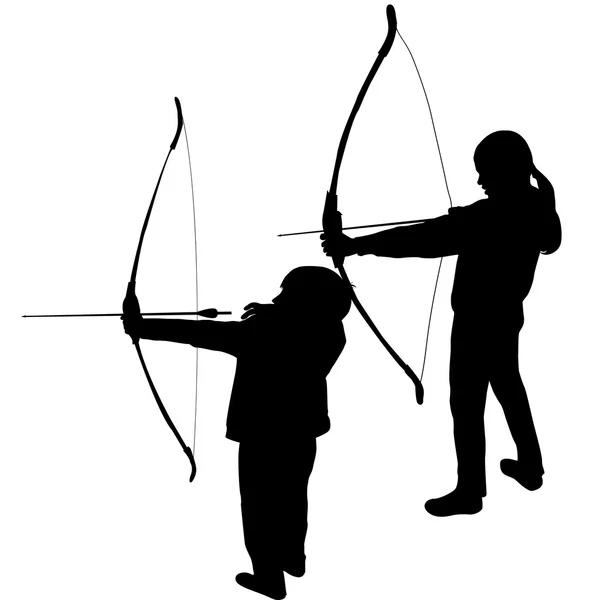 Children silhouettes playing archery — Stock Vector