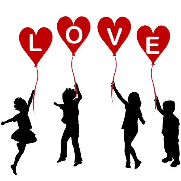 Silhouettes pour enfants avec ballons coeur et mot LOVE — Image vectorielle