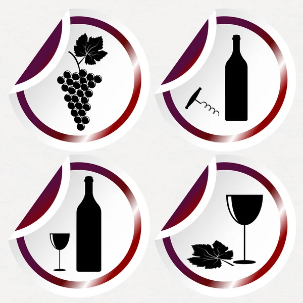 Icone del vino vintage su adesivi rotondi con angolo curvo — Vettoriale Stock