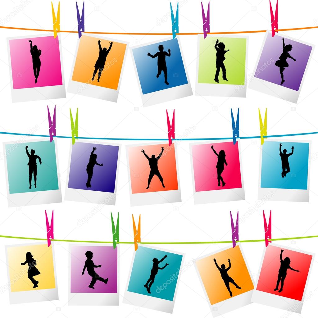 Colorful photo frames with children silhouettes hanging on a rop