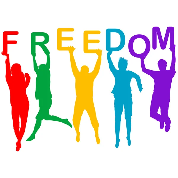 Freedom concept with people jumping silhouettes — Stock Vector