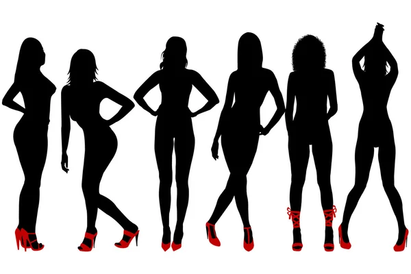 Siluetas de mujeres sexy con zapatos rojos — Vector de stock