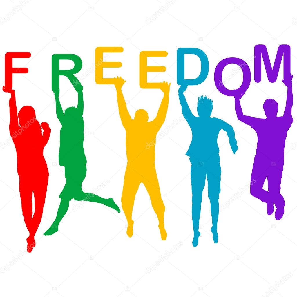 Freedom concept with people jumping silhouettes
