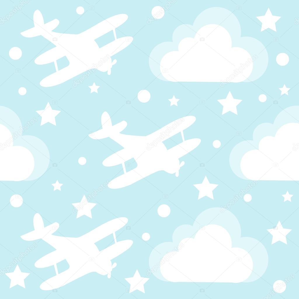 Baby boy seamless pattern with cartoon toy airplane and clouds