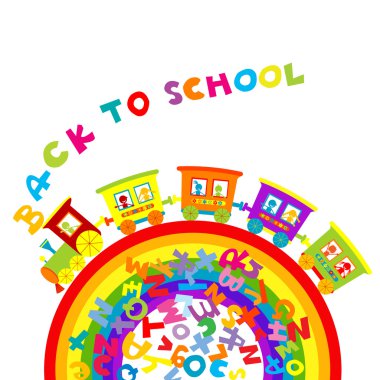 Back to school concept with cartoon train on ranbow and colored  clipart