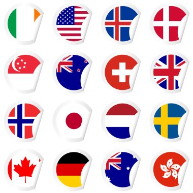 Etiketleri en gelişmiş ülkeleri bayraklarıyla ayarla köşesi kıvrılmış