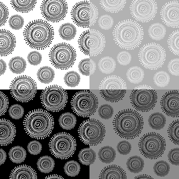 Modèle sans couture ethnique noir et blanc avec des formes circulaires — Image vectorielle