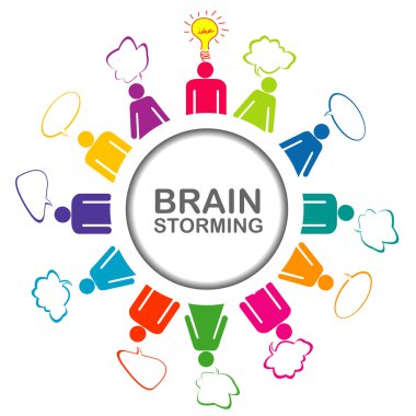 Colorful brainstorming concept with teamwork discussing and gett clipart