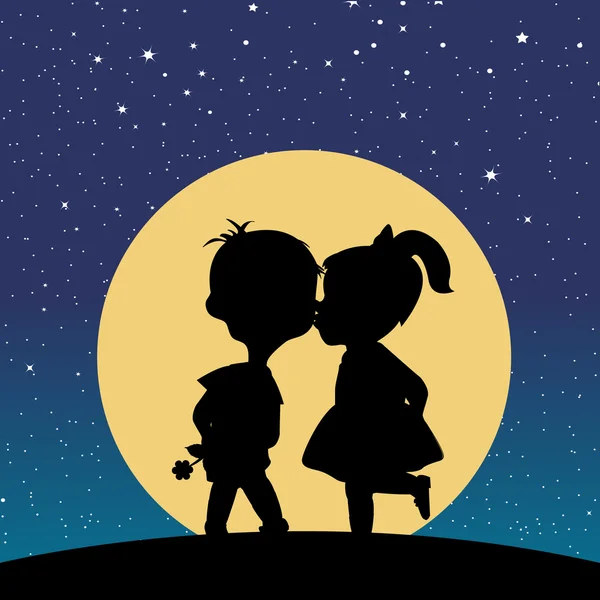 Silueta de un chico y una chica besándose a la luz de la luna — Vector de stock