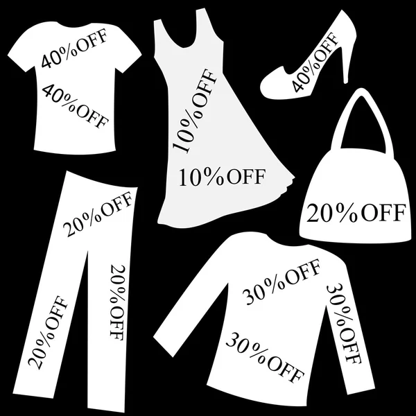 Set of white clothing with sale percent discount over black back — Stock Vector