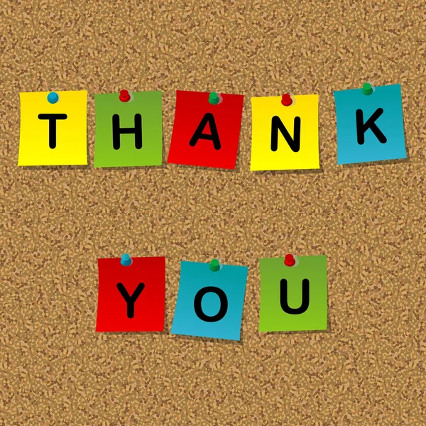 Цветные записки с палками со словами "спасибо" прикрепленному к пробковому мессажу — стоковый вектор