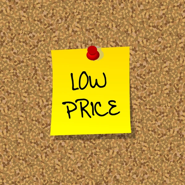 Carta da lettera gialla con le parole LOW PRICE appuntato sul cinghiale di sughero — Vettoriale Stock