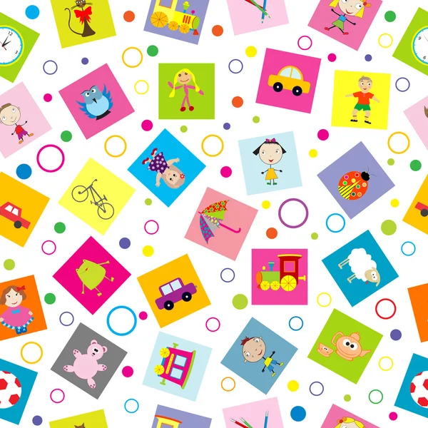 Seamless background with toys and cartoon kids — Stock Vector