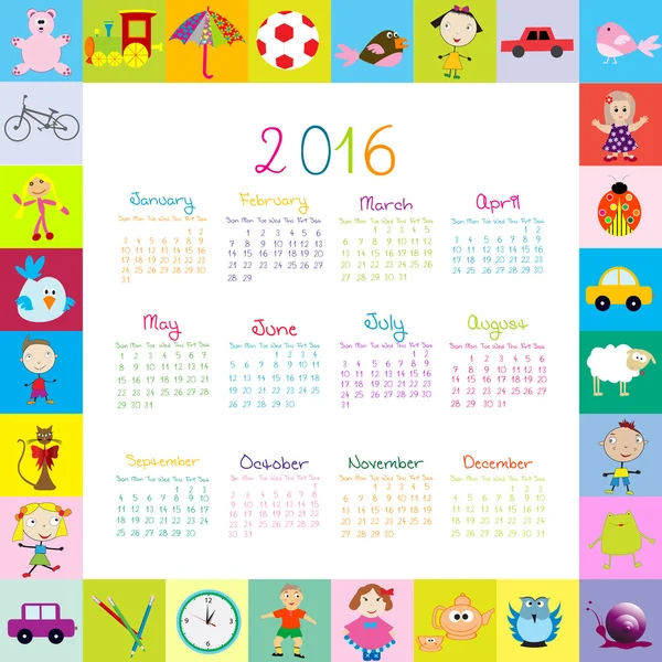 Frame with cartoon toys 2016 calendar — Stock Vector