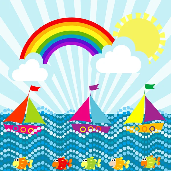 Paisagem dos desenhos animados com barcos à vela e arco-íris — Vetor de Stock