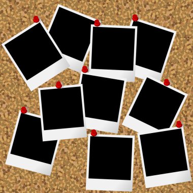 Blakn photo frames hanging on cork board with pushpins clipart