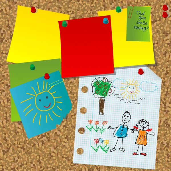 Tablero de corcho con notas de papel y fotos para niños — Vector de stock