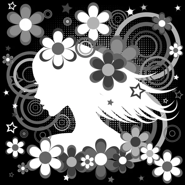 Abstrait noir et blanc backgrund avec profil de femme, fleurs a — Image vectorielle