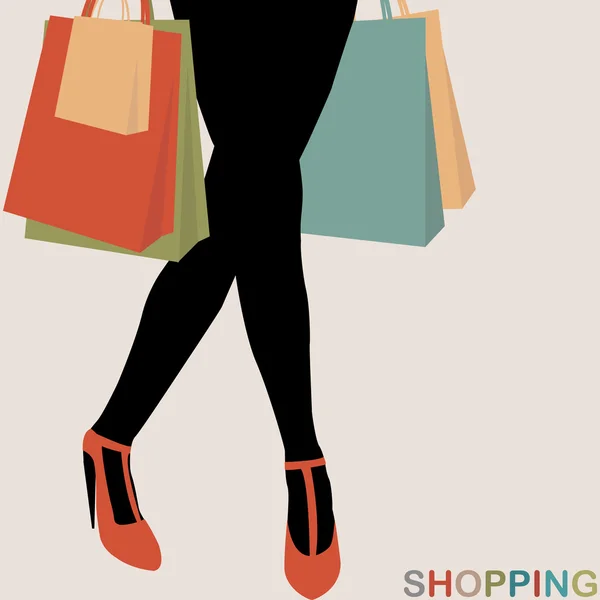 Concetto di shopping con silhouette donna che trasporta borse della spesa — Vettoriale Stock