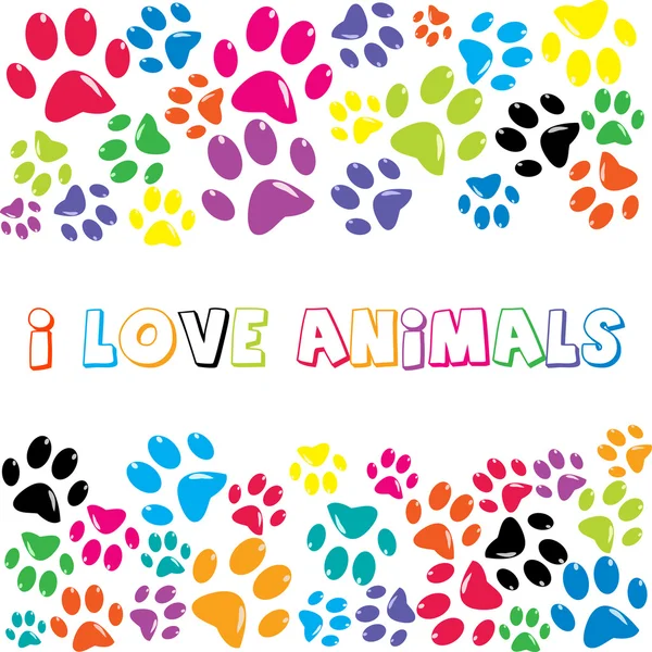 I Love Animals texto con patas de colores imprimir — Archivo Imágenes Vectoriales