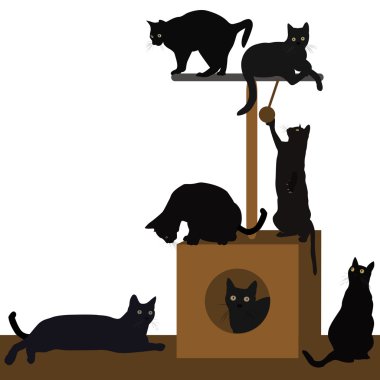 Cats playing or resting in a cat house clipart