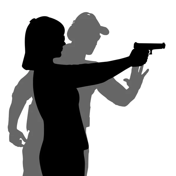 Instructor assisting woman aiming hand gun at firing range — Stock Vector