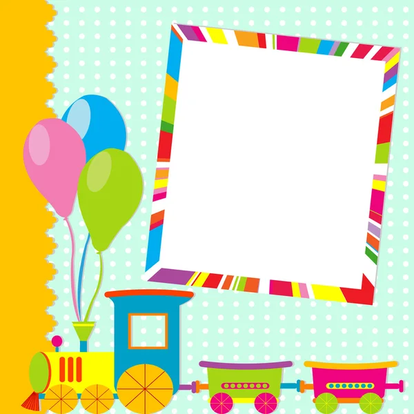 Greeting card with photo frame and cartoon train — Stock Vector