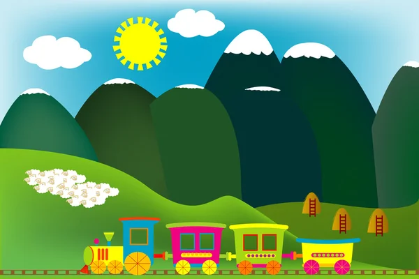 Berglandschap met cartoon trainen — Stockvector